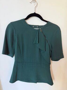 BCBGMaxAzria Emerald Green Ruffle Zip-Front Long Sleeve Dress